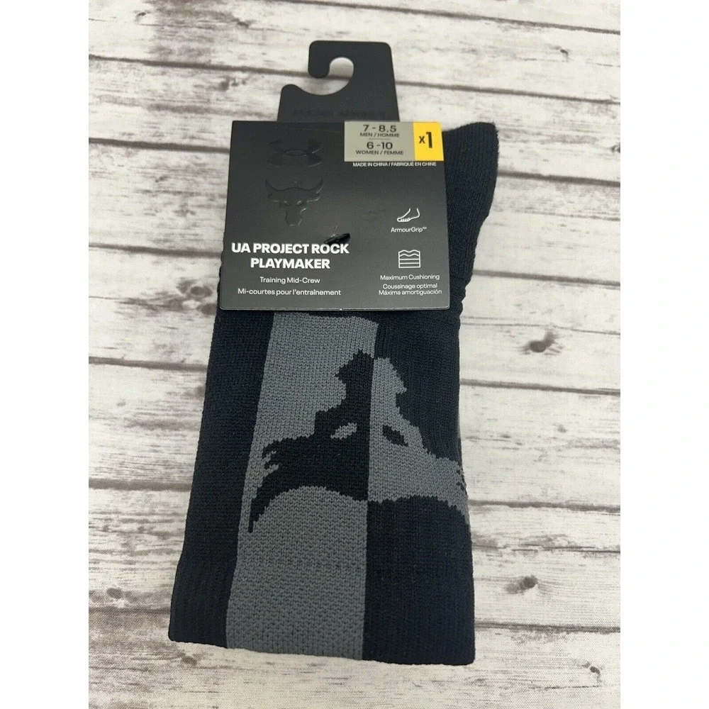 Under Armour Project Rock Socks Men 7-8.5 Women 6-10 Black Crew Bull Logo NEW